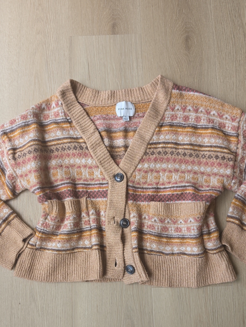 Pink Rose Cropped Fair Isle Cardigan - Tan, Pink, Mustard